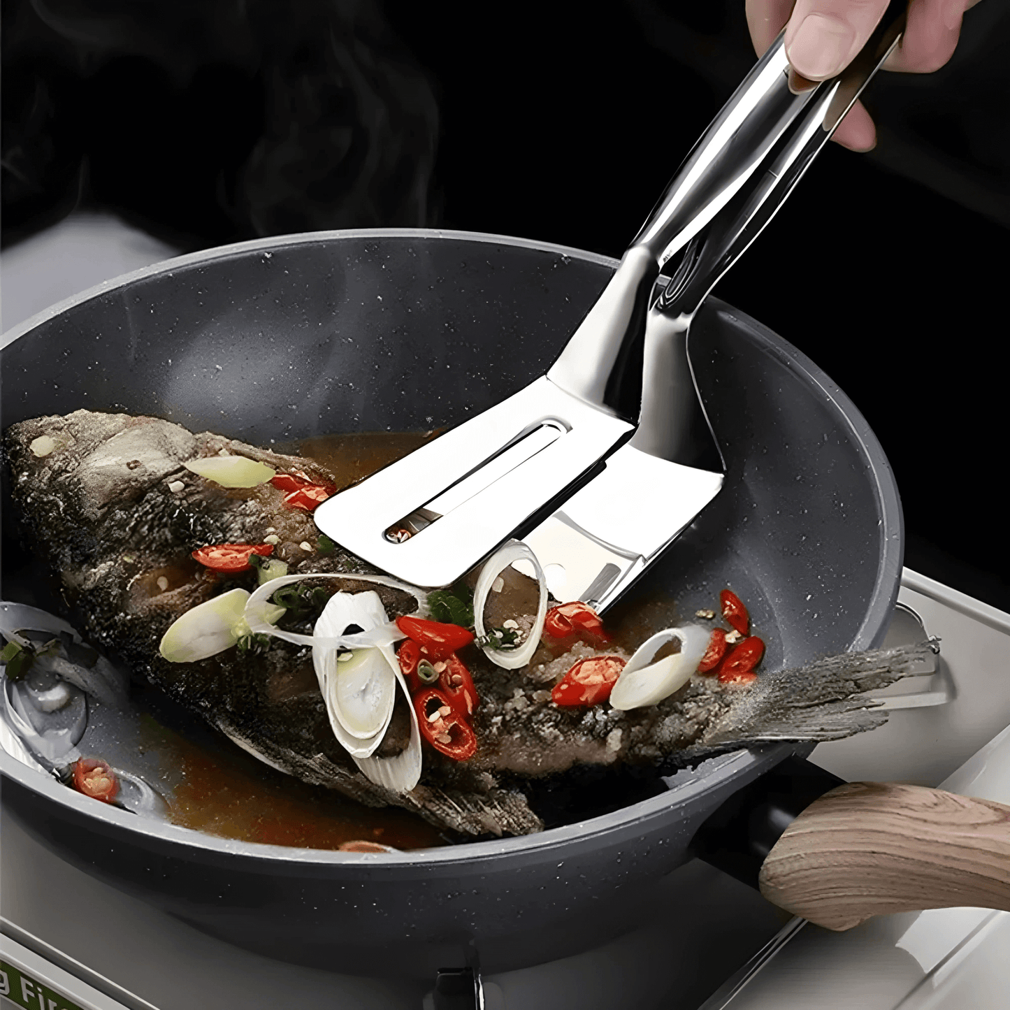 OSKAR – Multifunktionell Rostfri Mat- & Grilltång för Stek, Bröd & Fisk
