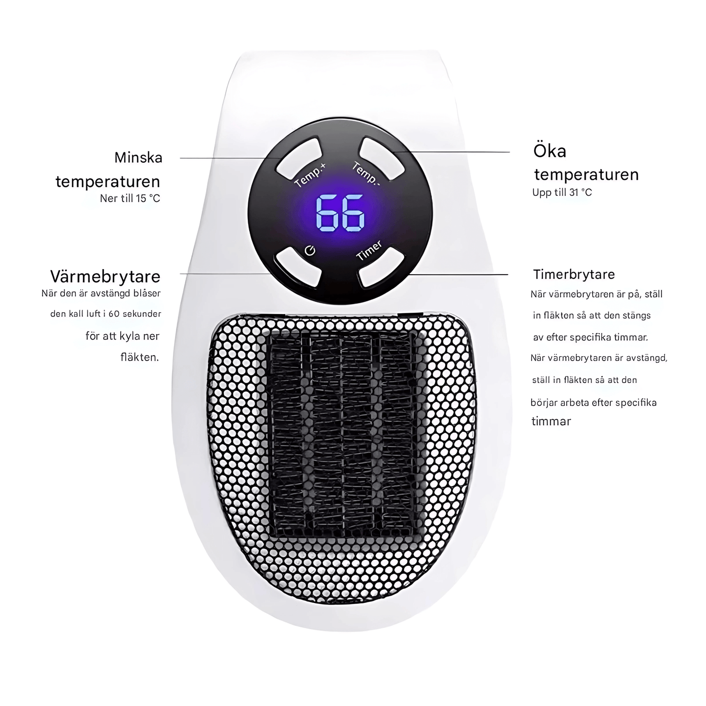 SAGA – Portabel Elektrisk Värmare med LED-display, Timer & Justerbar Temperatur
