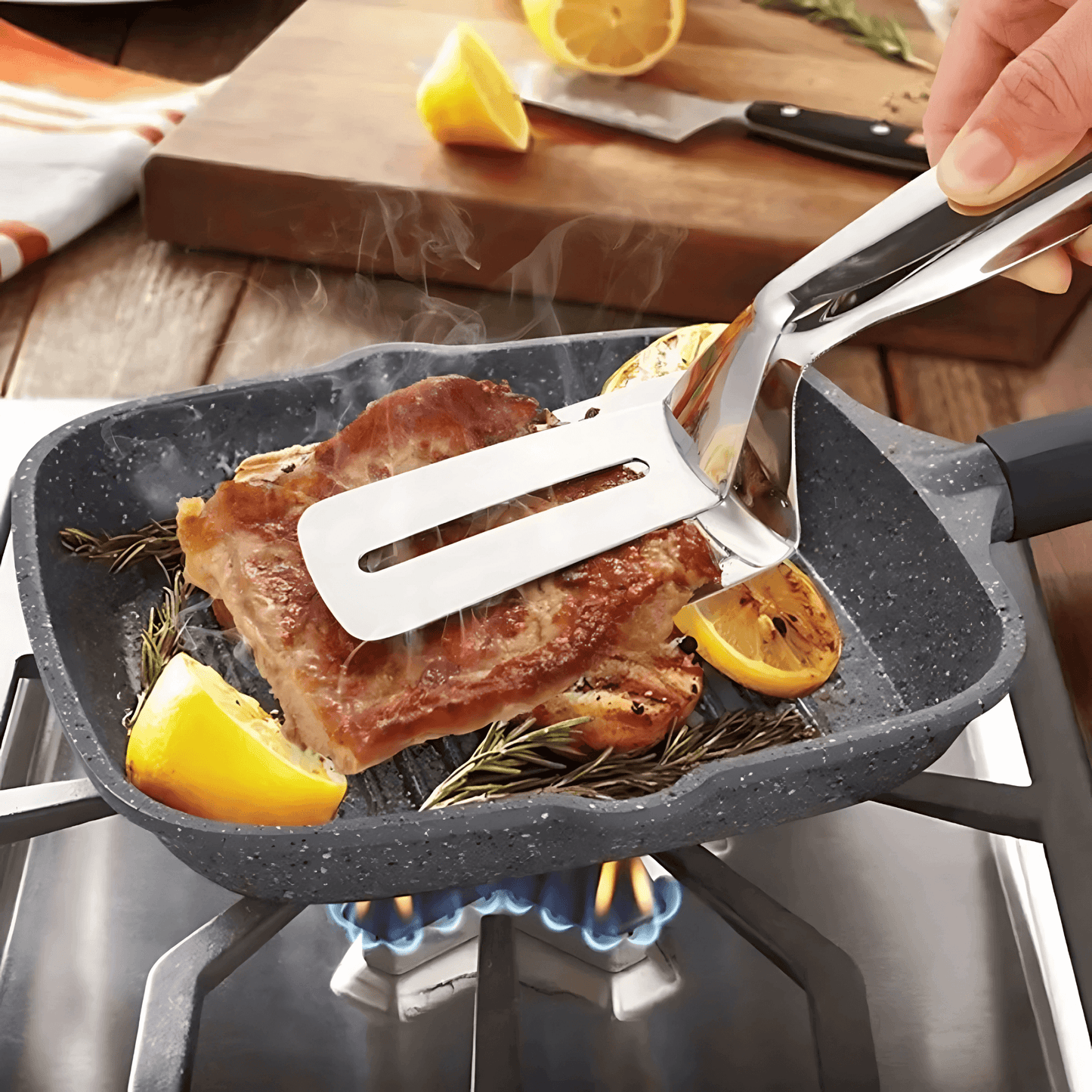 OSKAR – Multifunktionell Rostfri Mat- & Grilltång för Stek, Bröd & Fisk