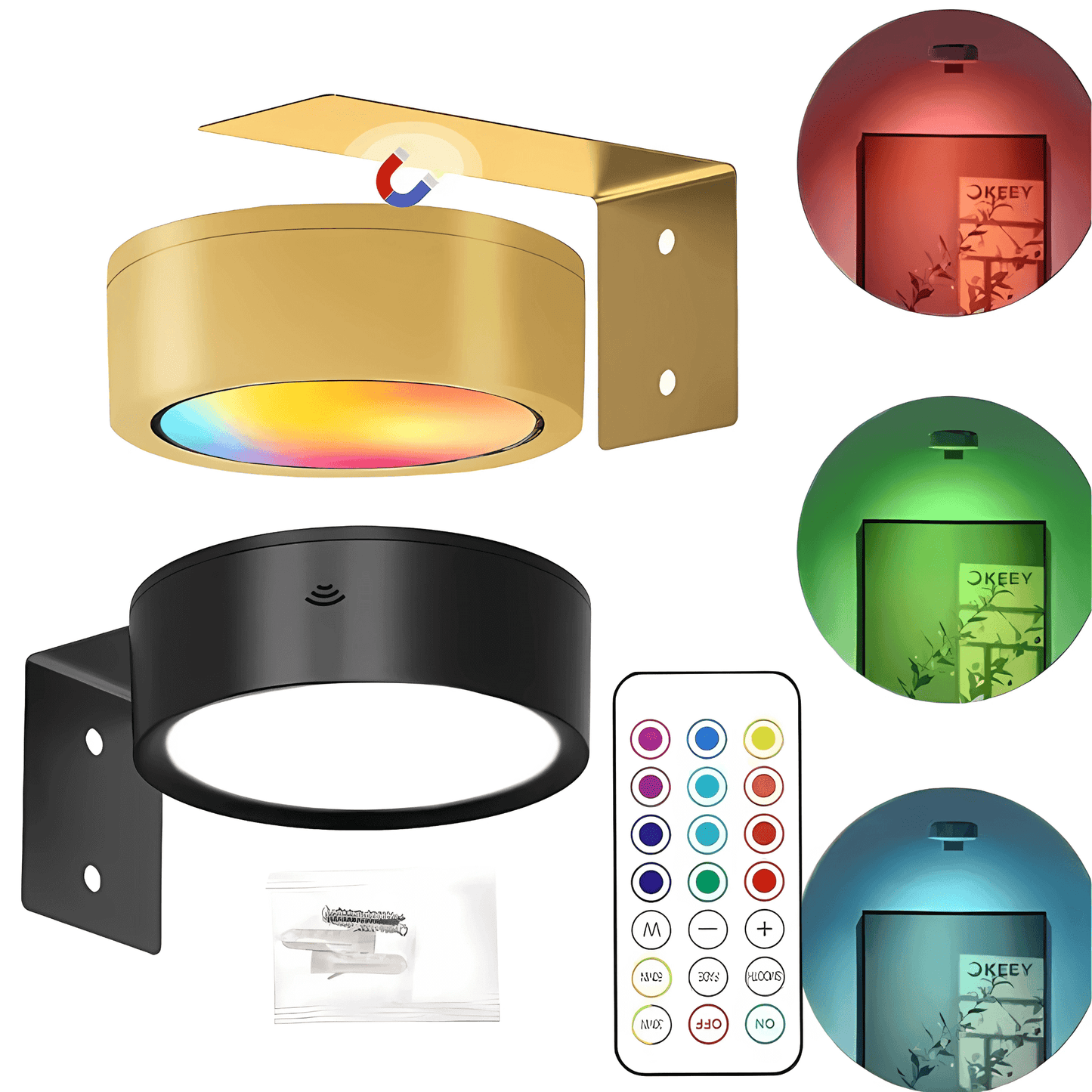 LINA – 2-pack LED Vägglampor i Svart & Guld med 13 Färglägen, Magnetfäste & Fjärrkontroll