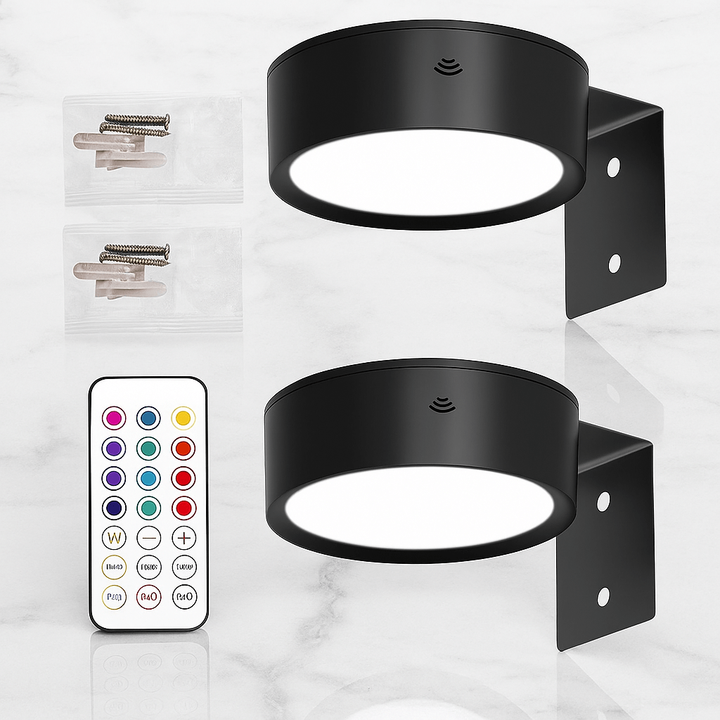 LINA – 2-pack LED Vägglampor i Svart & Guld med 13 Färglägen, Magnetfäste & Fjärrkontroll