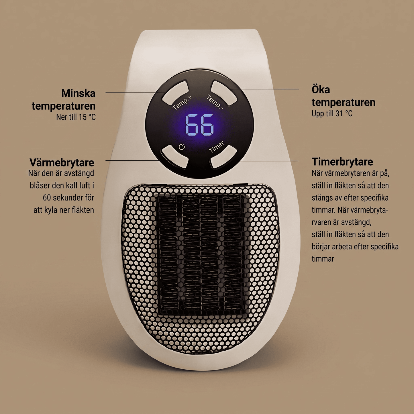 SAGA – Bærbar Elektrisk Varmer med LED-skjerm, Timer & Justerbar Temperatur