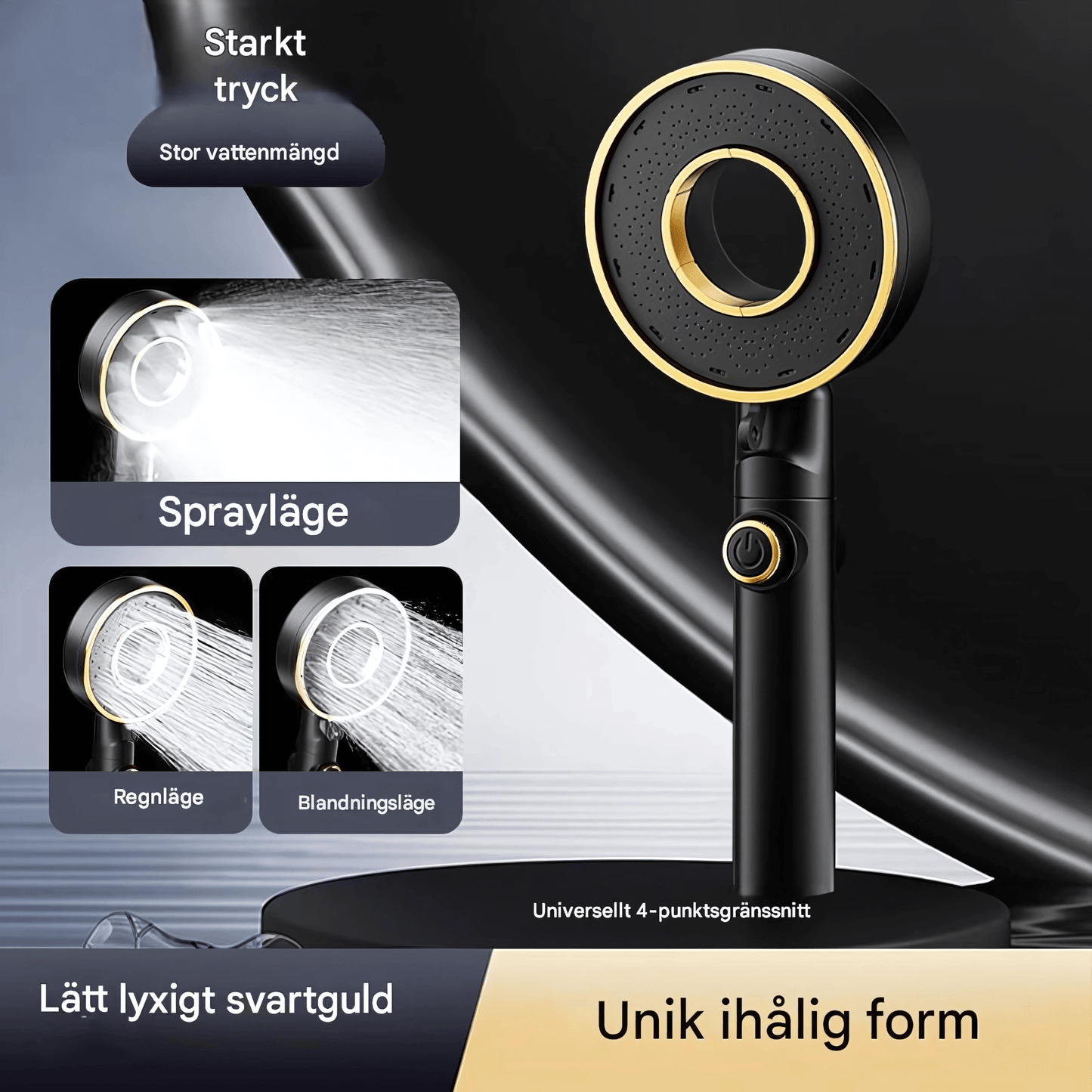 StreamWave – Hånddusj med 3 justerbare vanninnstillinger, trykkforsterkning & Avstengningsknapp