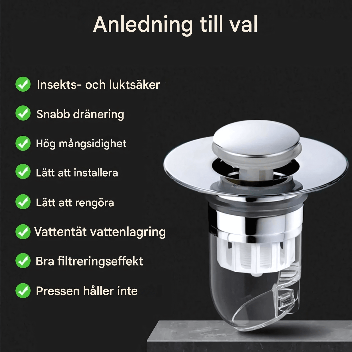 DrainGuard – Universell Pop-up Vannlås med Hårfilter & Luktstopp for Servant og Kjøkkenvasker