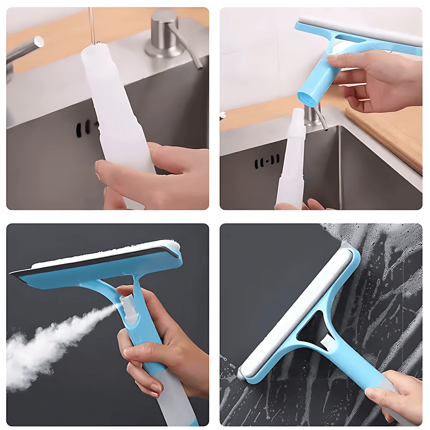ClearSweep – 3-i-1 Vindusskrape med Spray, Svamp og Gummiblad for Hjem og Bil