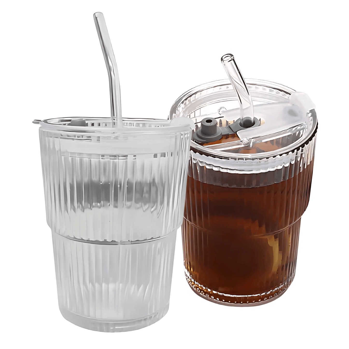 ClearSip – Randig Glasmugg med Lock & Sugrör för Kaffe, Te och Juice (450ml)