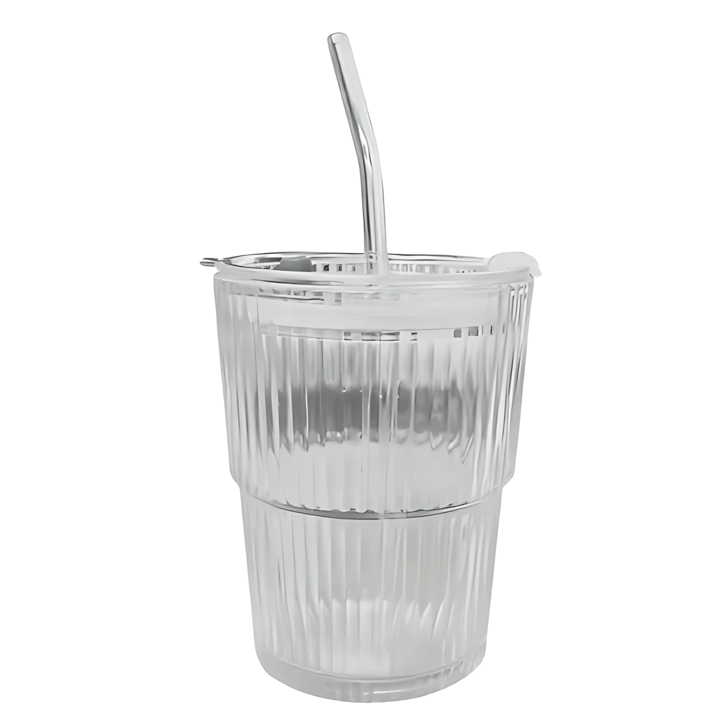 ClearSip – Randig Glasmugg med Lock & Sugrör för Kaffe, Te och Juice (450ml)
