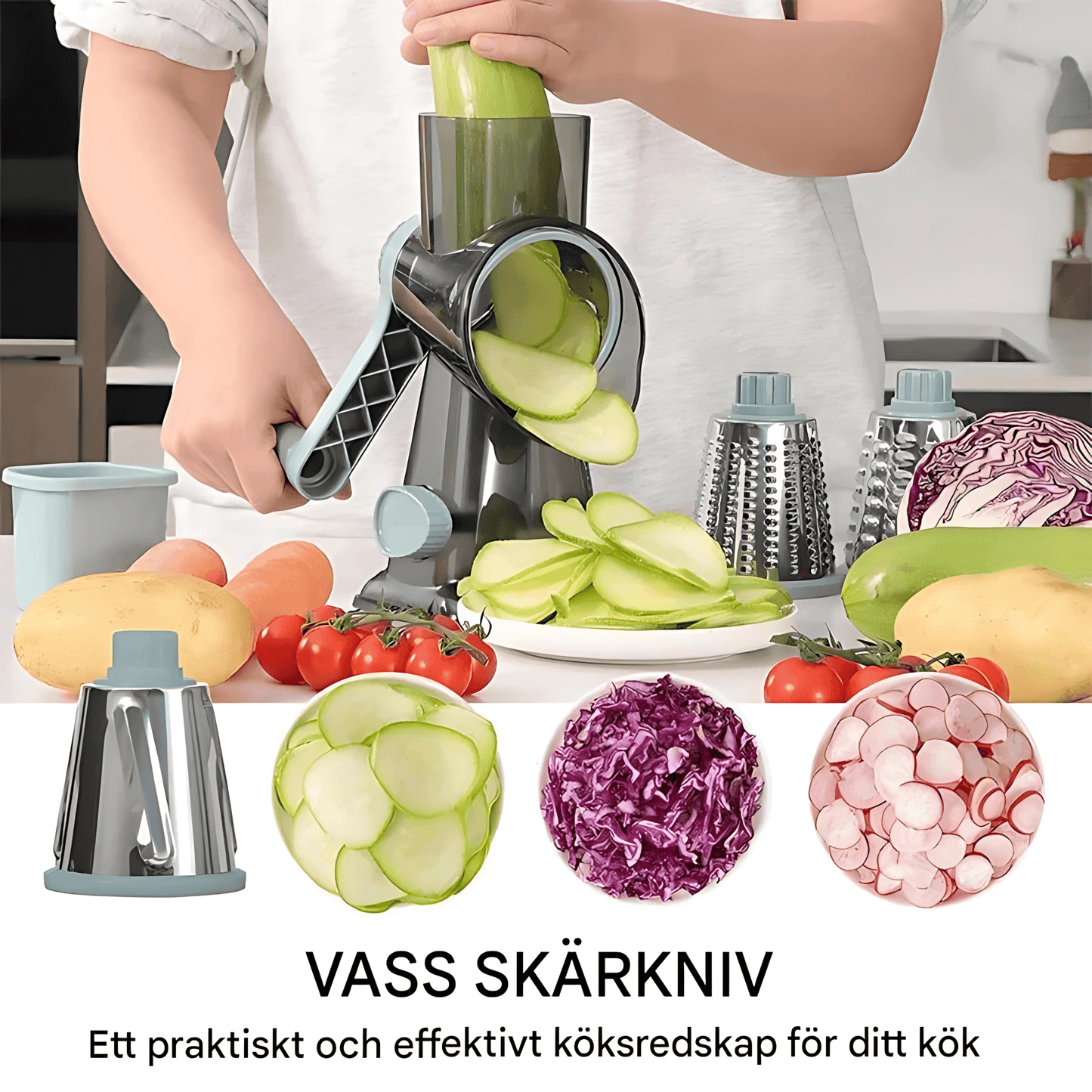 GratePro – 3-i-1 Roterande Rivjärn med Skiv- & Strimlingsfunktion för Ost, Grönsaker och Nötter
