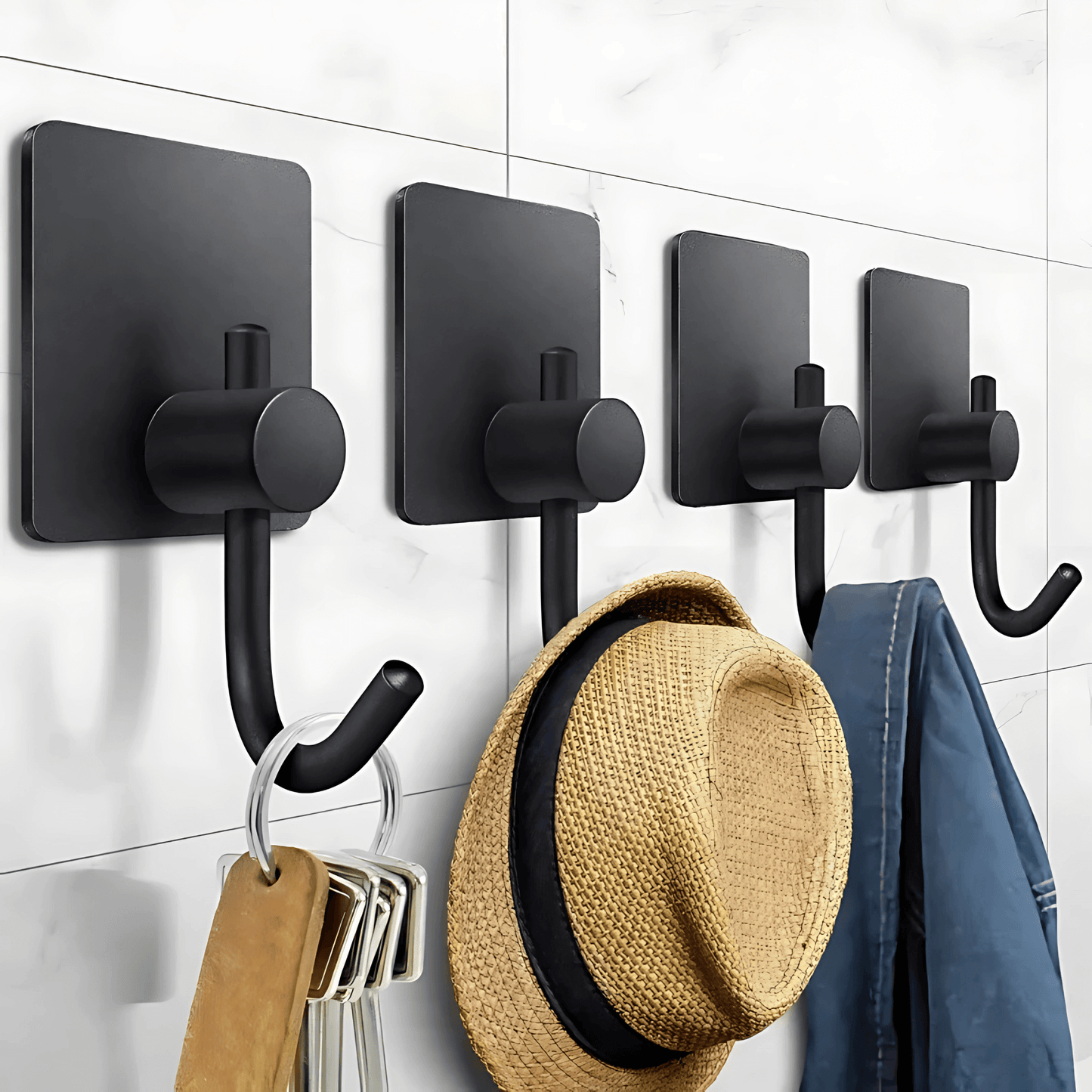 PrimeHook - 4-pack | Ruostumattomasta teräksestä valmistetut kylpyhuonekoukut, joissa on itsekiinnittyvä kiinnike kylpyhuoneeseen ja keittiöön