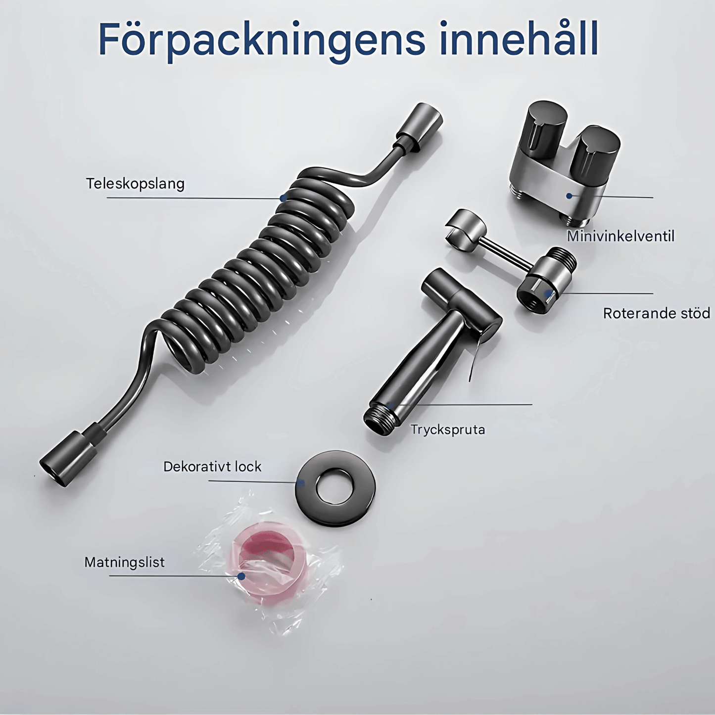 FlushEase - käsisuihku wc:hen ruostumattomasta teräksestä, kaksoispistorasia & Teleskooppiletku