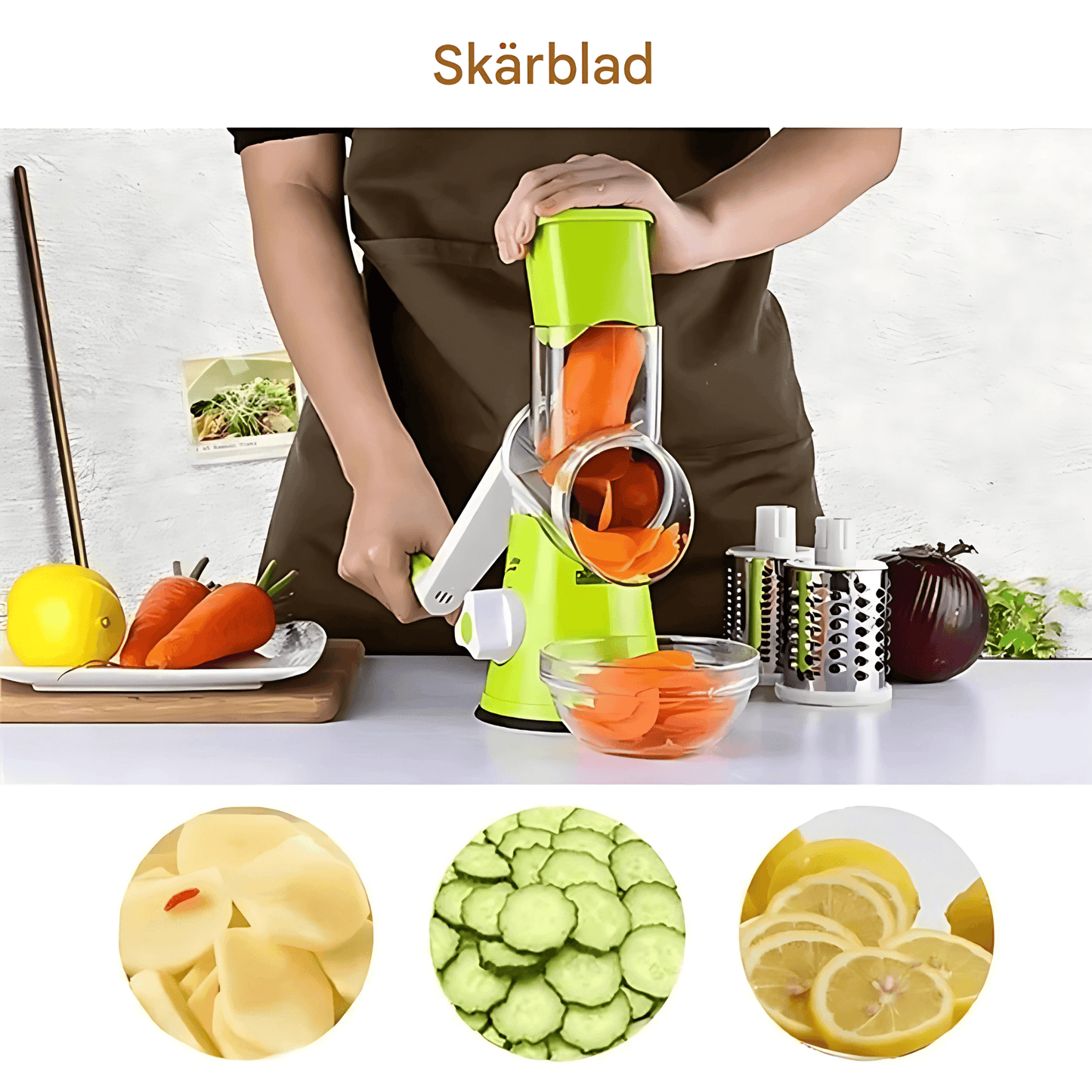 SpiralSlice – Manuell Grönsaksskärare med Rostfria Trummor för Rivning, Skivning & Strimling