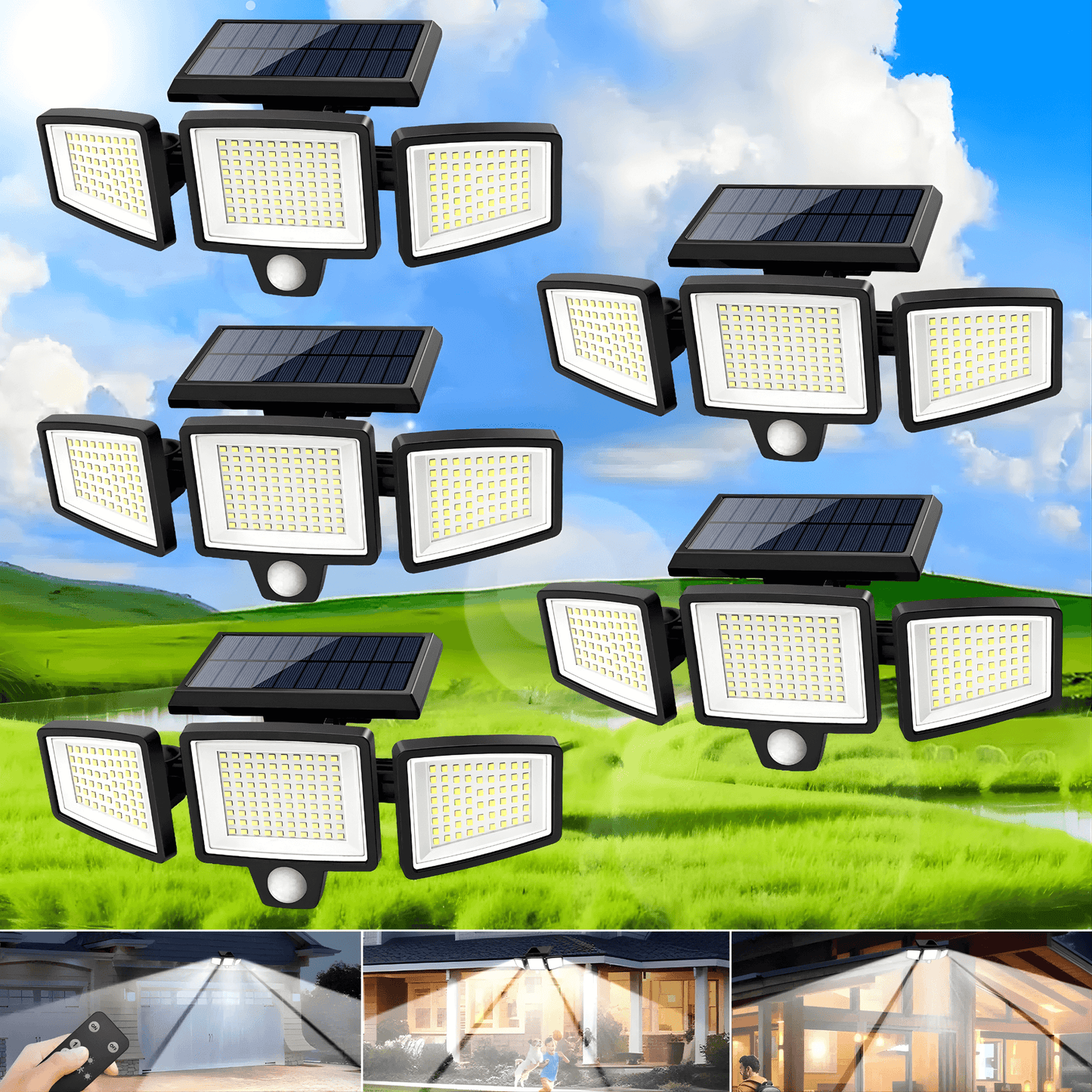 WESLEY – Éclairage extérieur à 3 têtes alimenté par énergie solaire avec détecteur de mouvement et télécommande pour jardins, façades et allées