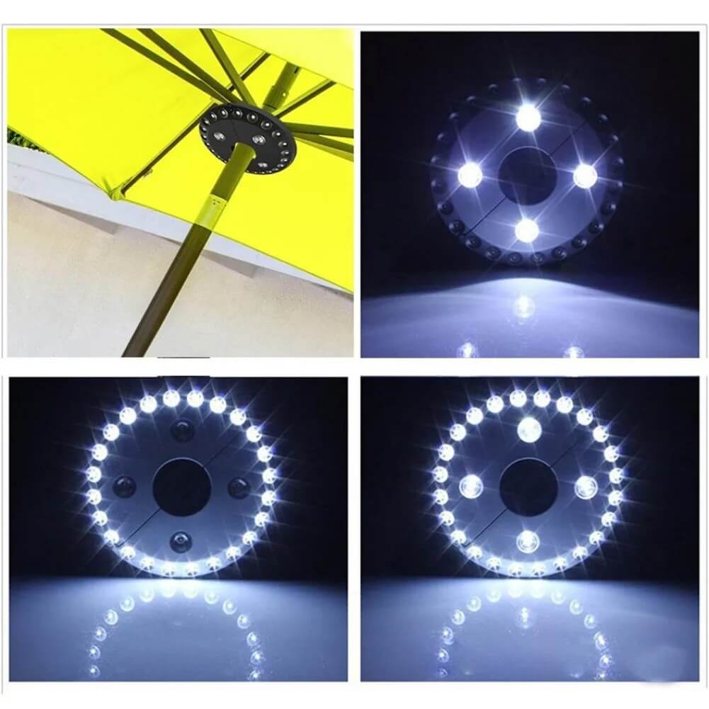 DENNIS - LED-lampa för Utomhusparasoll med 24 Huvudlampor och 4 Spotlights för Uteplats och Camping