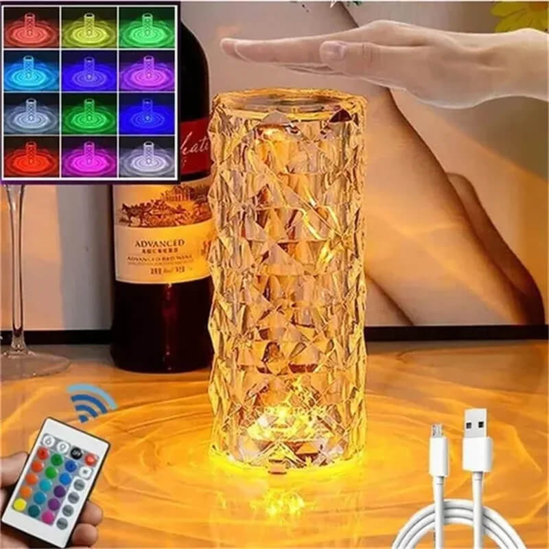 CORNELIA - Touch & Fjärrkontroll USB-Uppladdningsbar Kristall-LED-Lampa med 16 färger för Romantisk Stämning Hemma