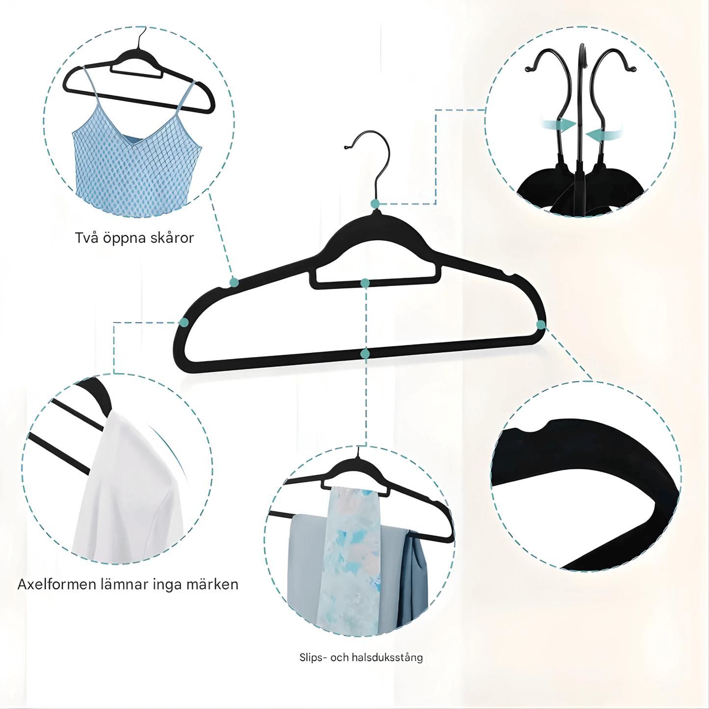 LAURA – Premium Sammetsgalgar i Set om 10 med Halkfri Yta, 360° Krok & Platsbesparande Design