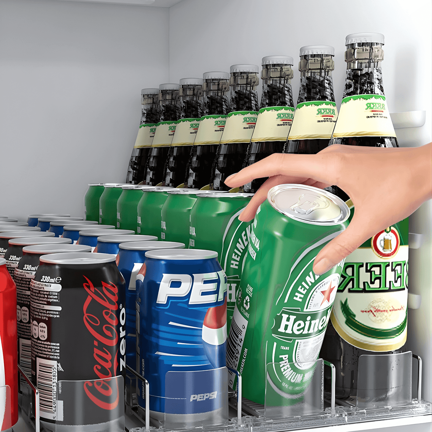 ELTON – 3-Kolumn Automatisk Dryckespusher för Kyl & Hyllor | Självskjutande Dryckesorganisator med Justerbara Fack