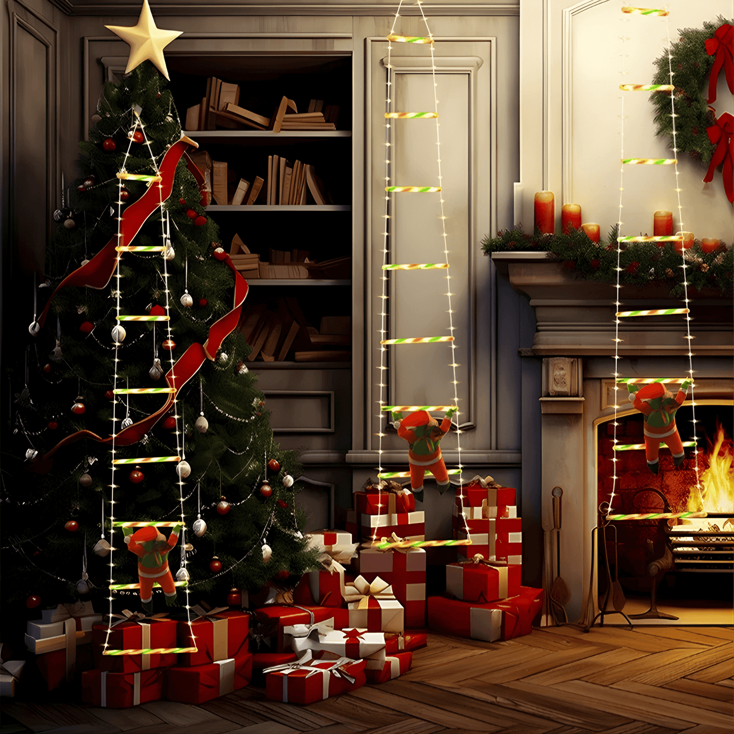 JOY - Décoration de Noël avec Père Noël grimpant, éclairage LED alimenté par USB & 8 effets lumineux