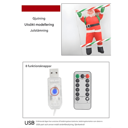 JOY - Décoration de Noël avec Père Noël grimpant, éclairage LED alimenté par USB & 8 effets lumineux