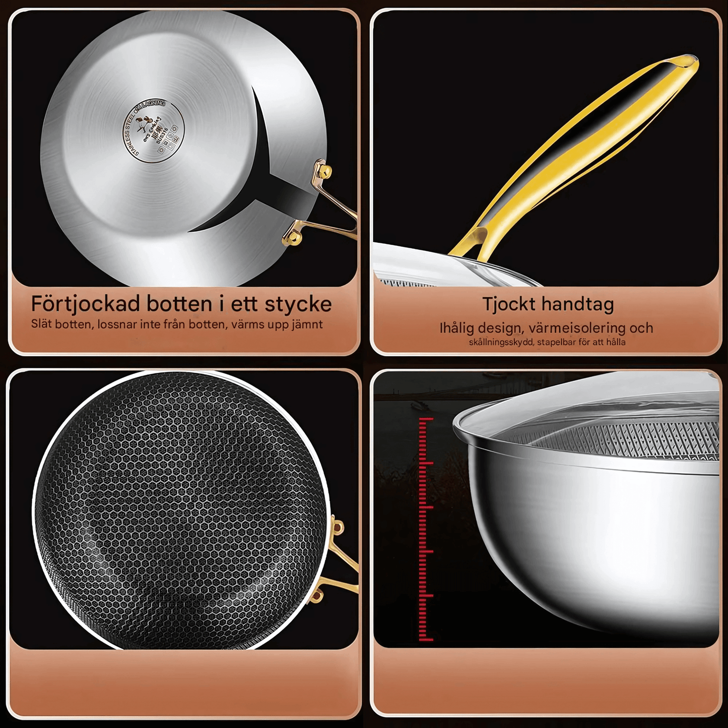 CORA – Rostfri Stekpanna i 316 Stål med Honungsmönster, Non-Stick för Induktion & Gas, 22–28 cm