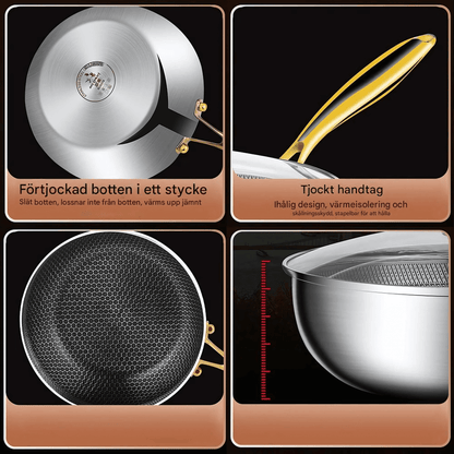 CORA – Rostfri Stekpanna i 316 Stål med Honungsmönster, Non-Stick för Induktion & Gas, 22–28 cm