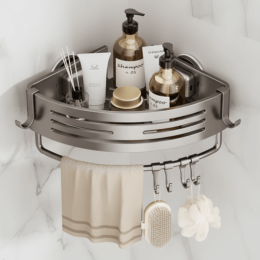 DAHLIA – Wandmontierter Aufbewahrungskorb aus Aluminiumlegierung mit Abfluss und Schutzrand – ideal für Bad und Küche (bohrfreie Montage).