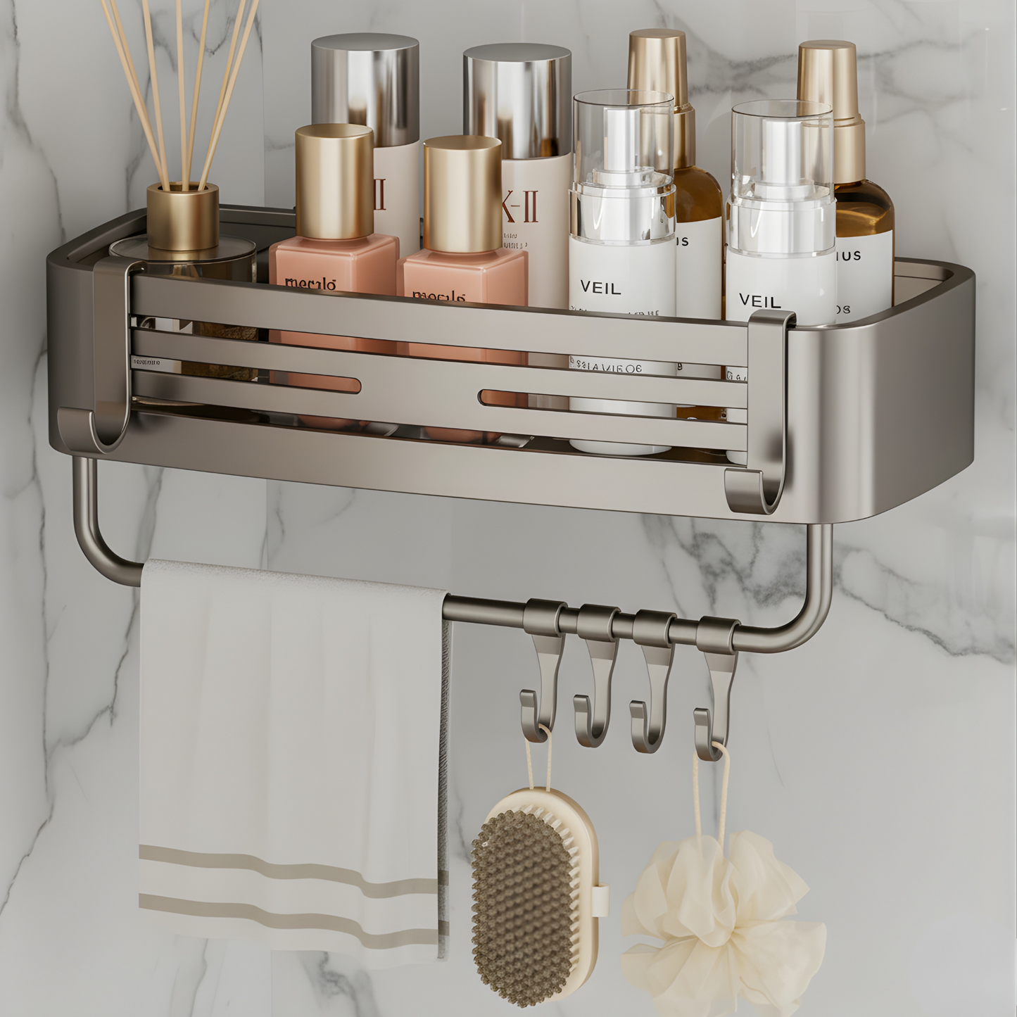 DAHLIA – Étagère murale à ventouses sans perçage pour salle de bain et cuisine, panier de rangement mural en alliage d'aluminium avec drain et bord de protection