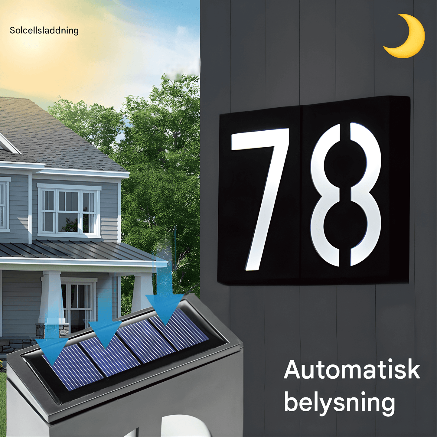 SOLENN – Solcellsdriven LED-Husnummerskylt med Automatisk Belysning & Vattentätt Hölje