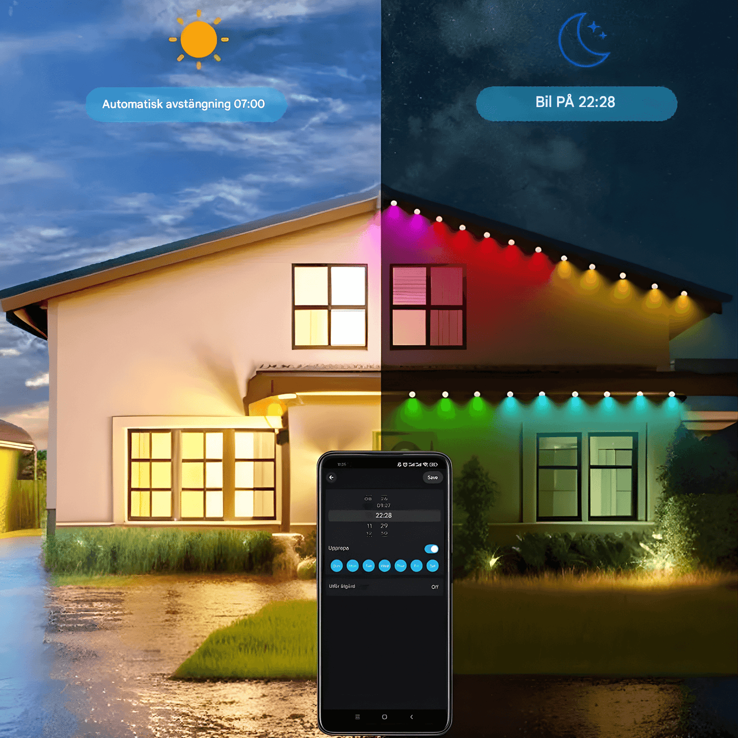 CLAIRE - Ulkona vedenkestävä 15M LED-nauhavalo, jossa on sovellusohjaus, 54 kohtausmoodia