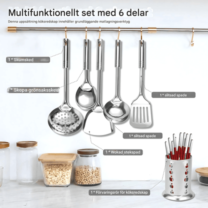 MYRA – Rostfria Matlagningsverktyg 6-delars Set med Ergonomiskt Grepp och Hänghål