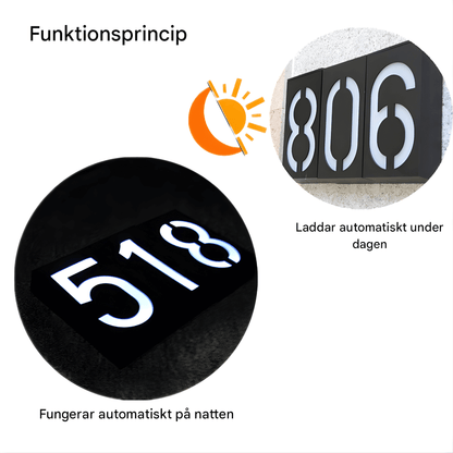 SOLENN – Solcellsdriven LED-Husnummerskylt med Automatisk Belysning & Vattentätt Hölje