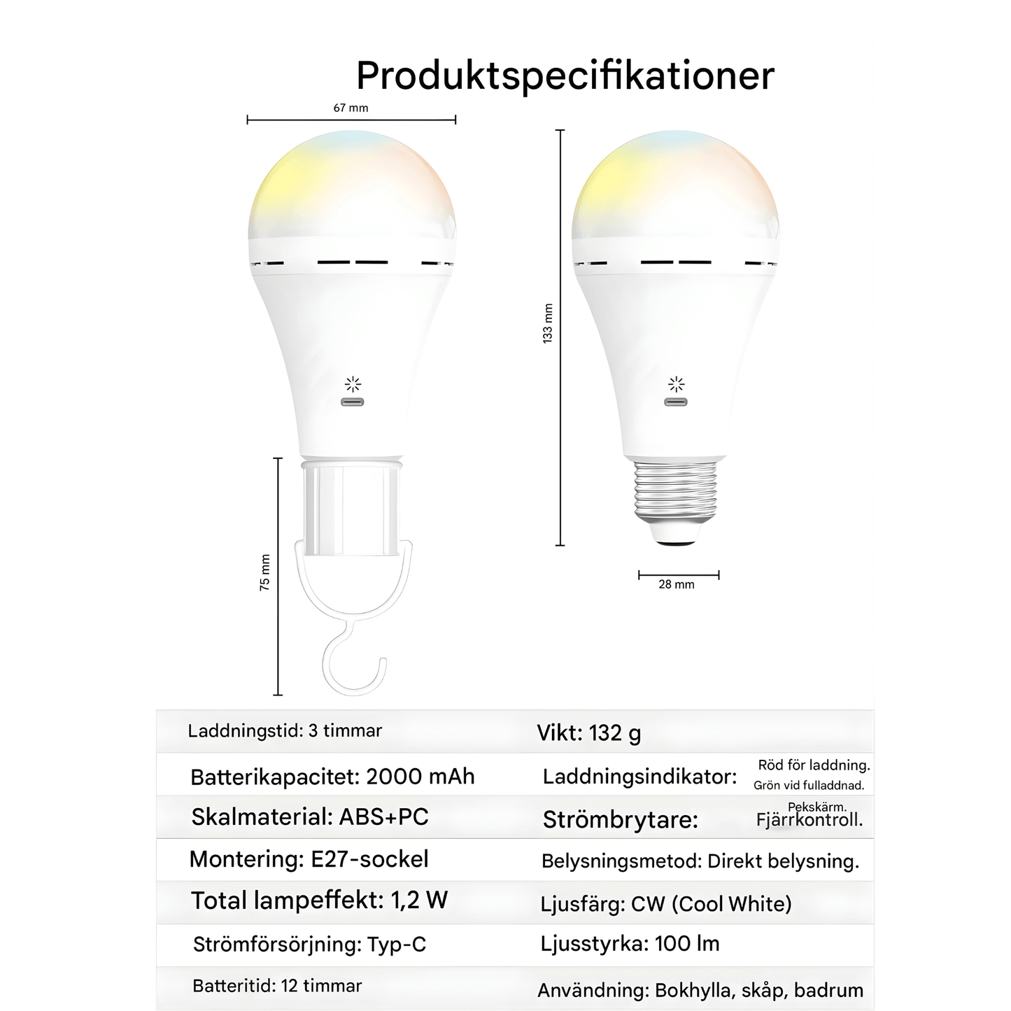 ELLA - Lampe LED rechargeable avec chargement rapide USB-C, télécommande & Socle E27, température de couleur réglable (3000K-6500K)
