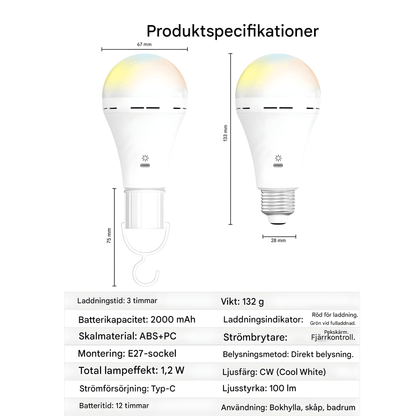 ELLA - Lampe LED rechargeable avec chargement rapide USB-C, télécommande & Socle E27, température de couleur réglable (3000K-6500K)