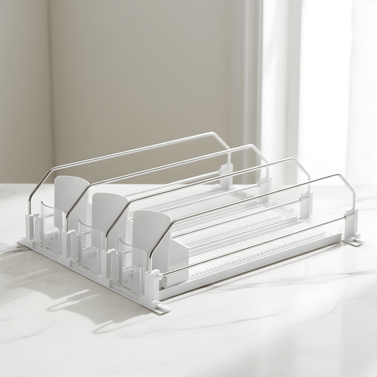 ELTON – 3-Kolumn Automatisk Dryckespusher för Kyl & Hyllor | Självskjutande Dryckesorganisator med Justerbara Fack