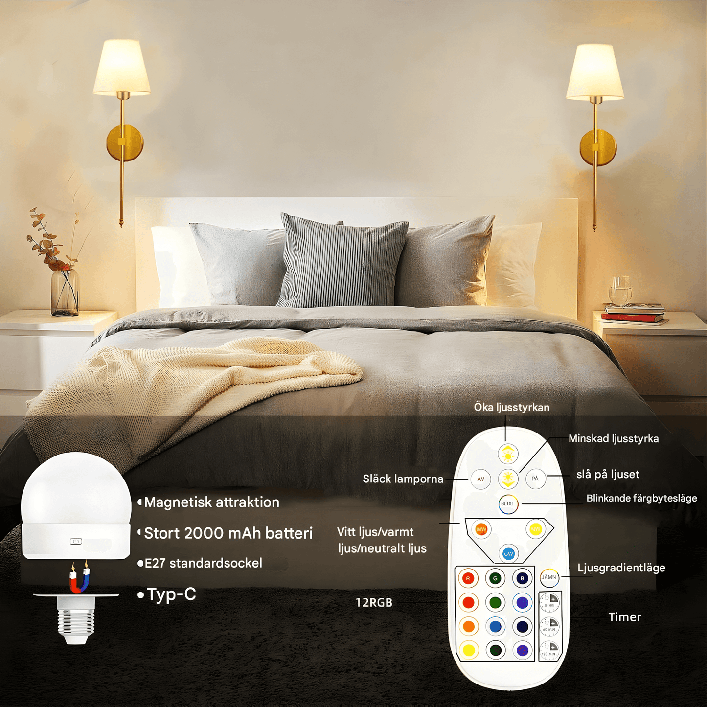 AMARA – Trådlös Vägglampa med Uppladdningsbart Batteri, Dimbart RGB-Ljus & Fjärrkontroll