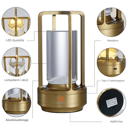 LARA – Kristall LED Bordslampa med Touchkontroll, Dimmer & Uppladdningsbart Batteri