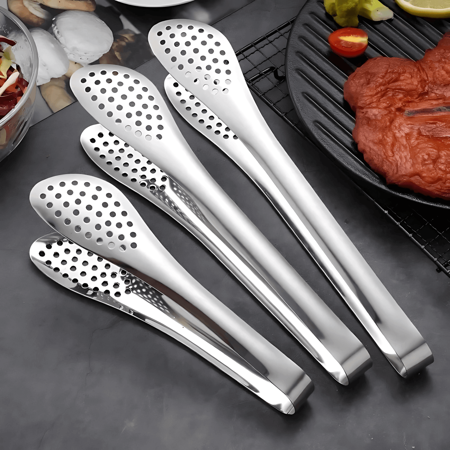ANYA – Rostfria Kompakta Matklämmor 3-Pack för Sallad, Grill och Dessert med Håldesign och Ergonomiskt Grepp