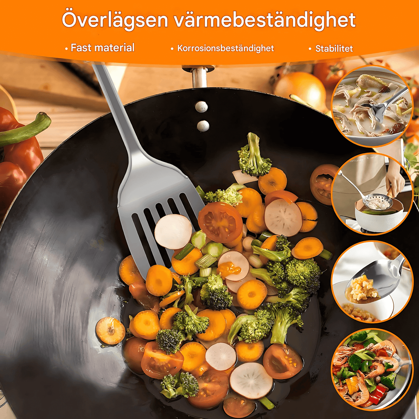 MYRA – Rostfria Matlagningsverktyg 6-delars Set med Ergonomiskt Grepp och Hänghål