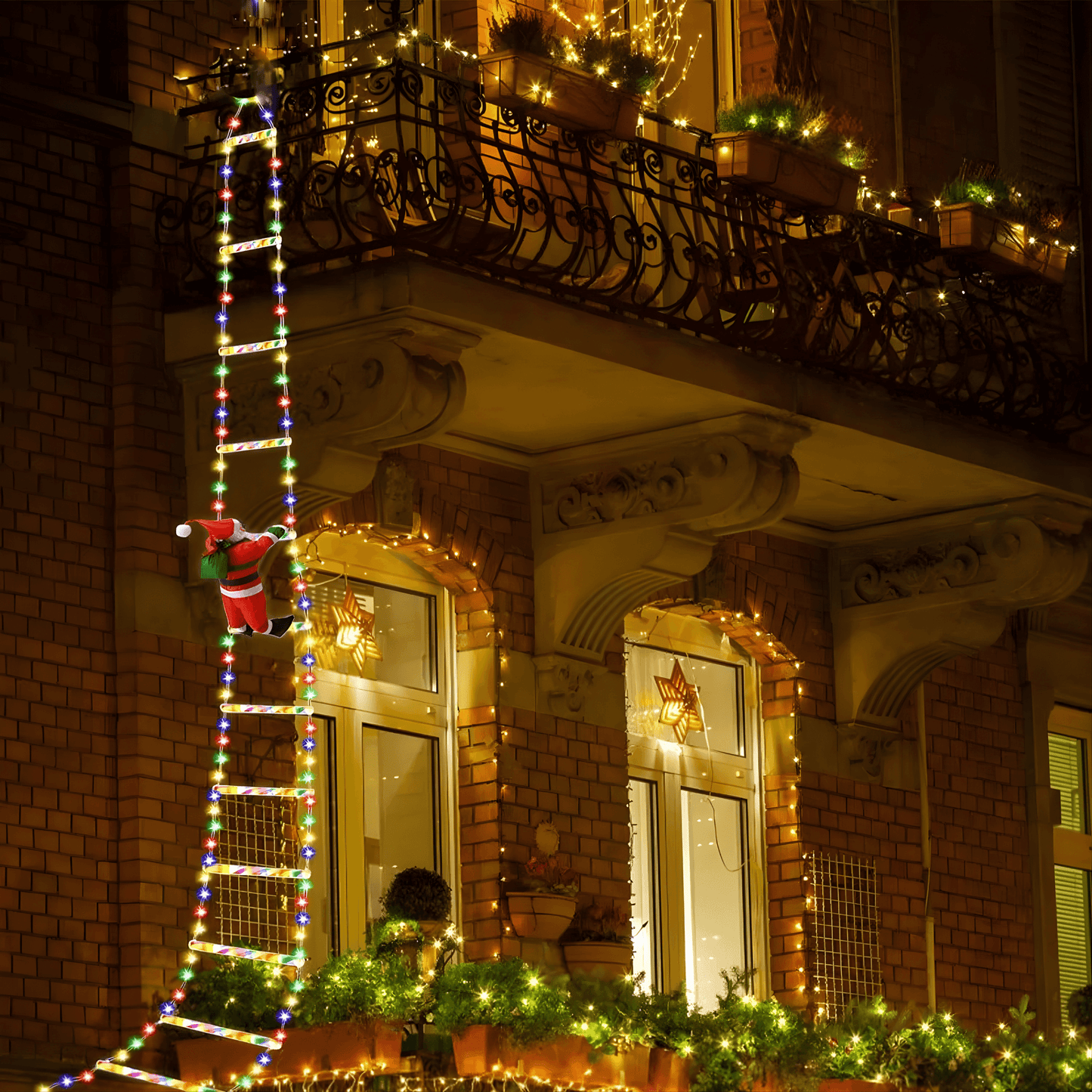 JOY - Décoration de Noël avec Père Noël grimpant, éclairage LED alimenté par USB & 8 effets lumineux