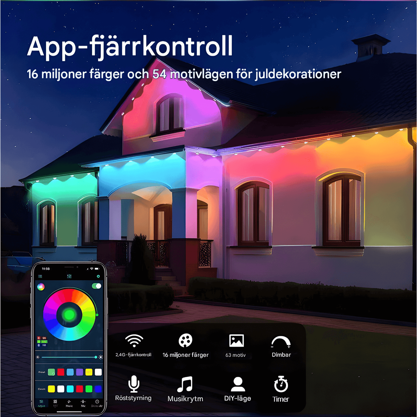 CLAIRE - Ulkona vedenkestävä 15M LED-nauhavalo, jossa on sovellusohjaus, 54 kohtausmoodia