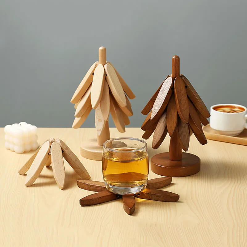 HEDA - Wooden Coasters in Walnut, Set of 3, Creative Foldable Cup/Pot Coasters