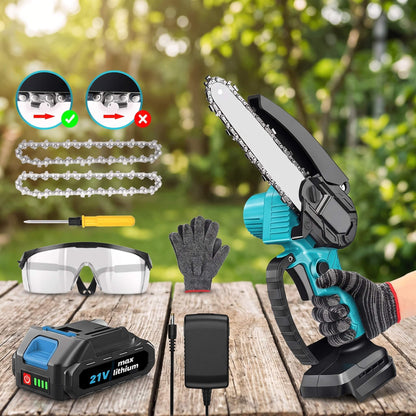 ALBIN – Kabellose Mini-Kettensäge mit 2000-mAh-Akku für effizientes Sägen von Holz