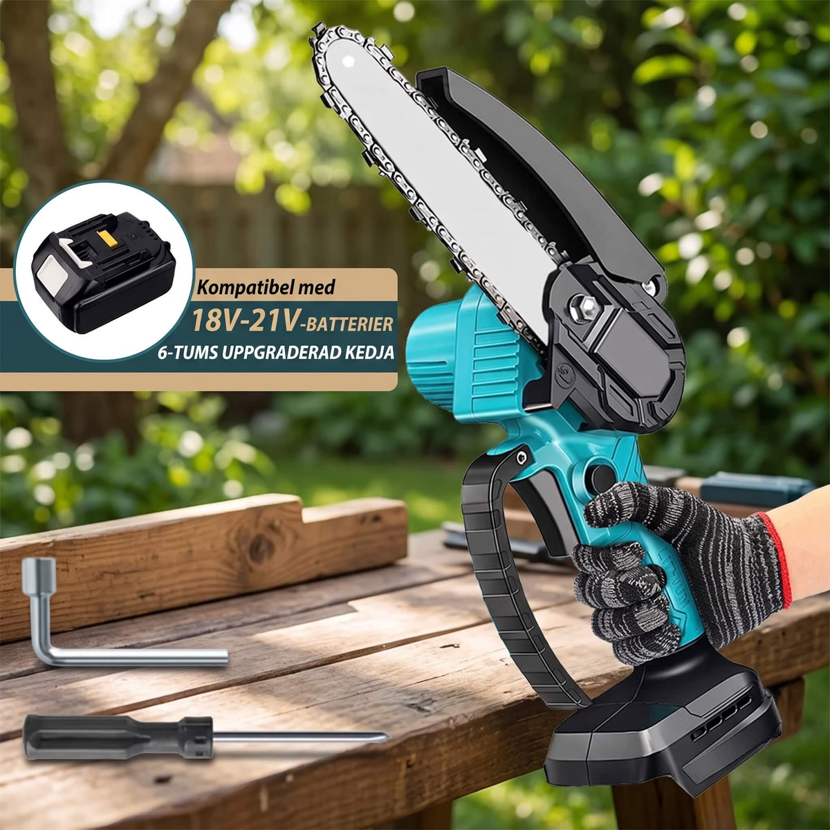 ALBIN – Kabellose Mini-Kettensäge mit 2000-mAh-Akku für effizientes Sägen von Holz