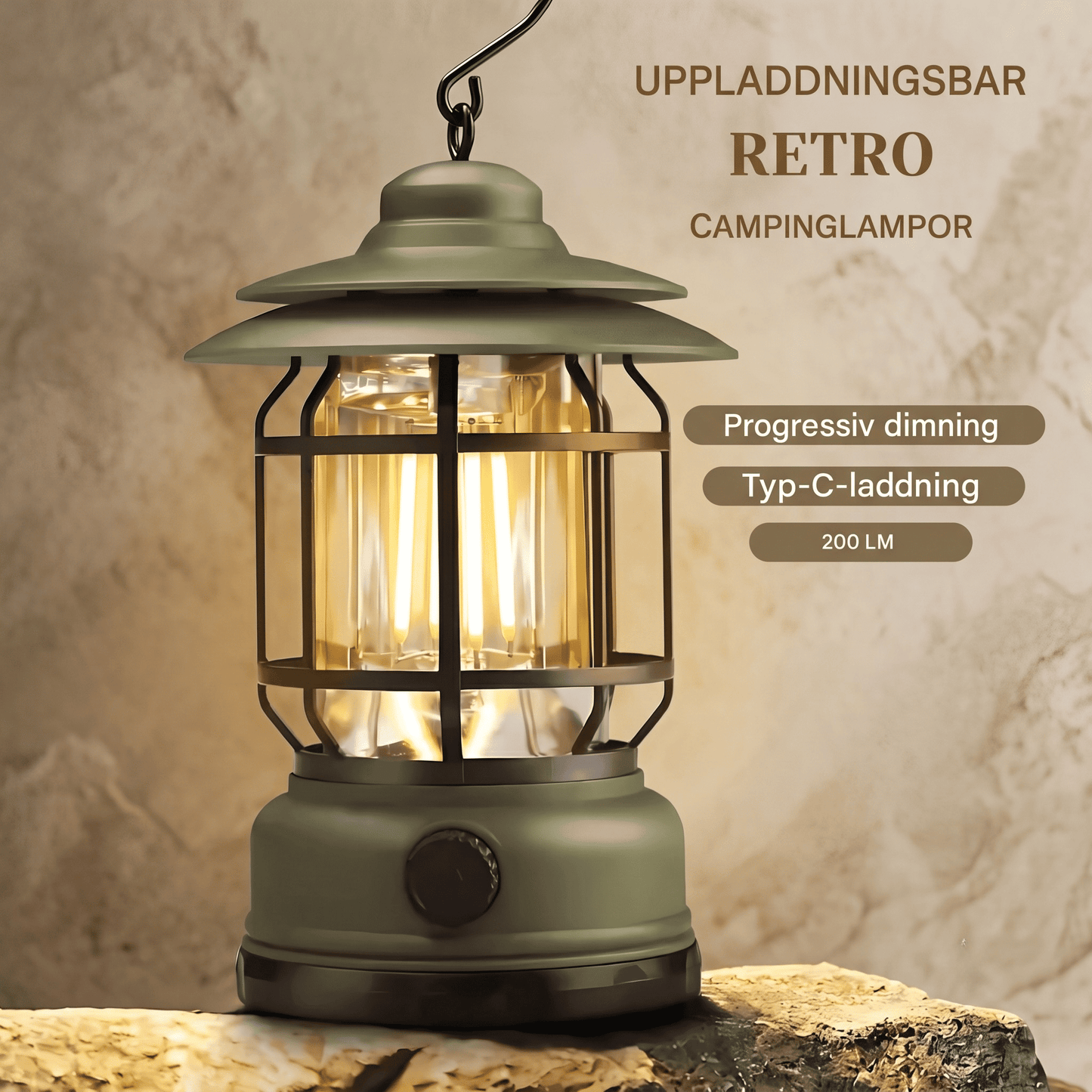 ALEX - Retro kannettava retkeilylyhty, jossa on LED, C-tyypin lataus & Säädettävä kirkkaus
