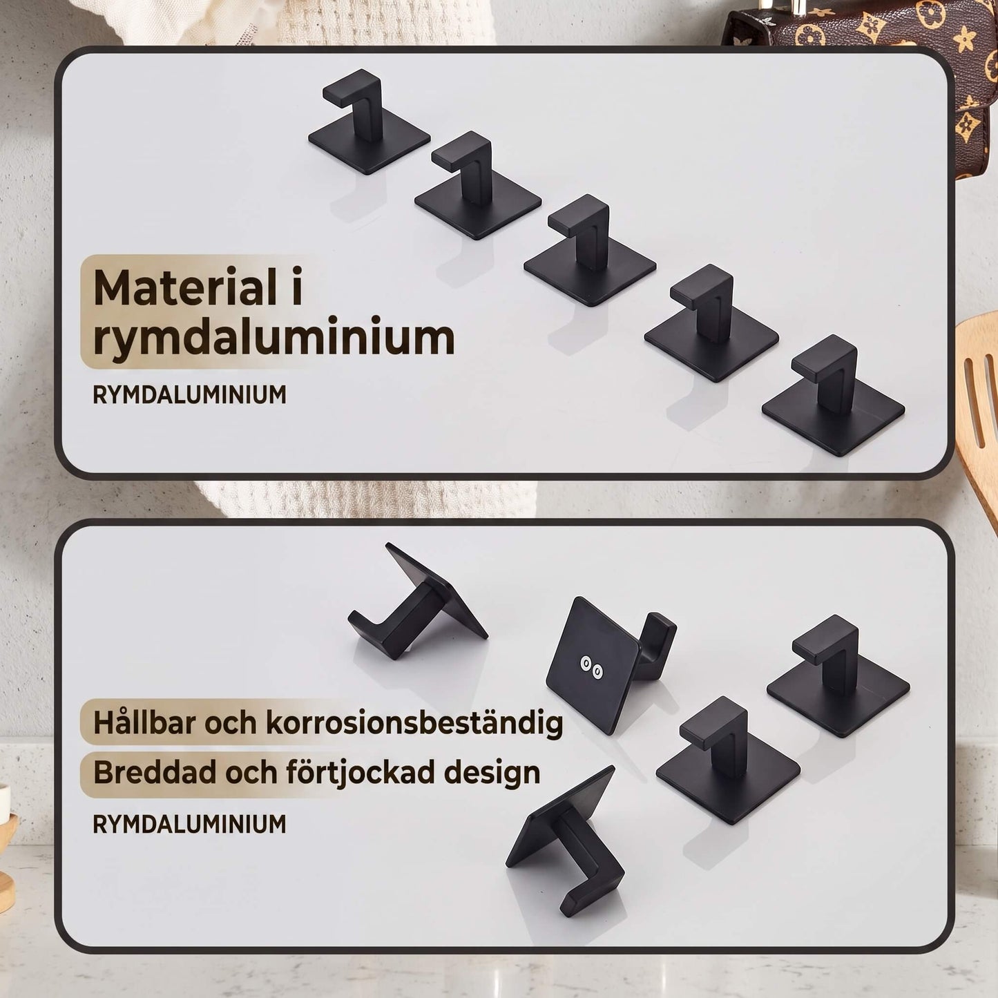 AdheLock - Selvklæbende vægophæng i aluminium med stærk 3M-klæbning til badeværelse og køkken i sort, hvid og grå