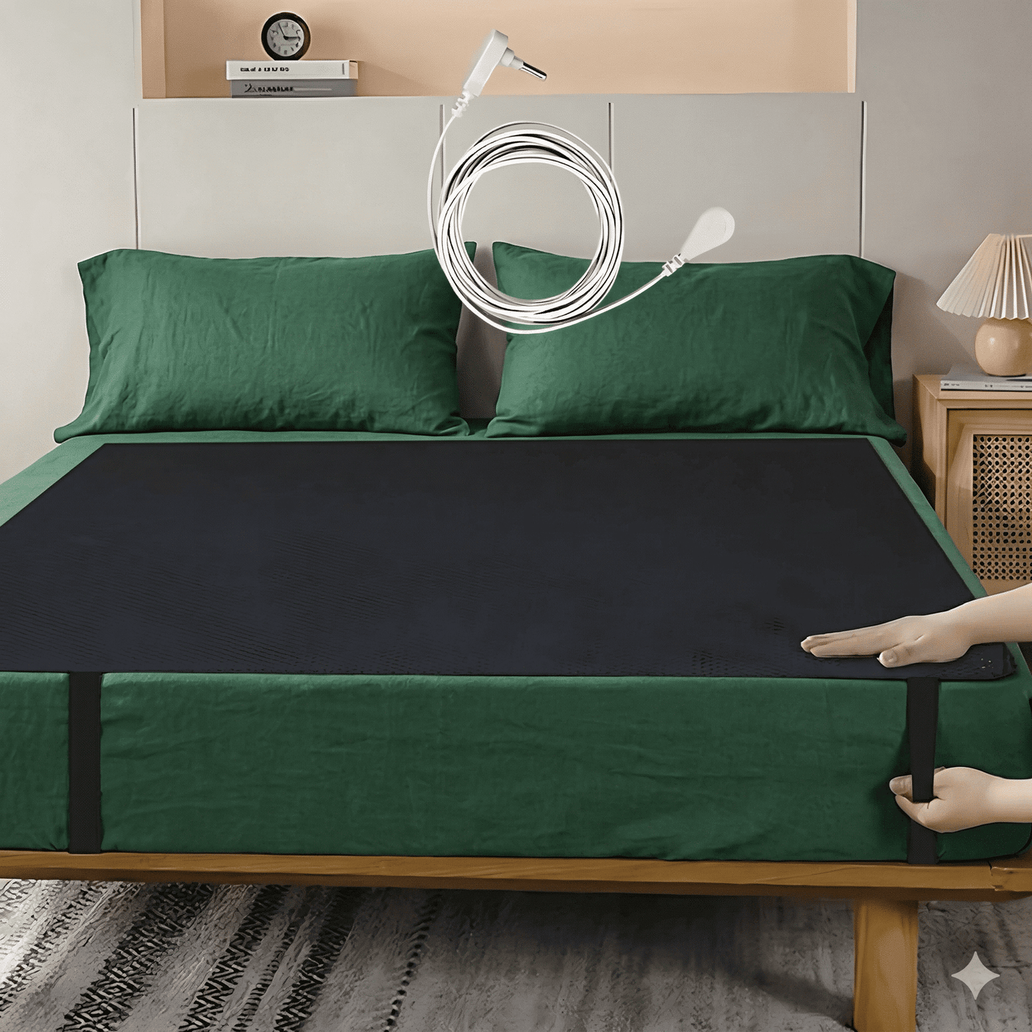 BELLE - Tapis de lit en cuir pour la mise à la terre - Cuir PU avec fibre de carbone conductrice, prise UE incluse