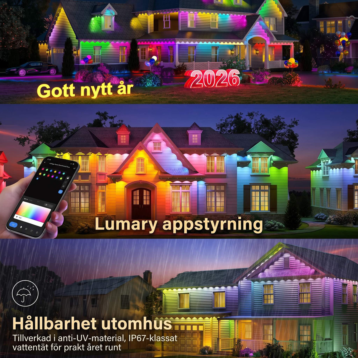 CLAIRE - Wasserfeste 15-Meter-LED-Lichterkette für den Außenbereich mit App-Steuerung, 54 Szenemodi
