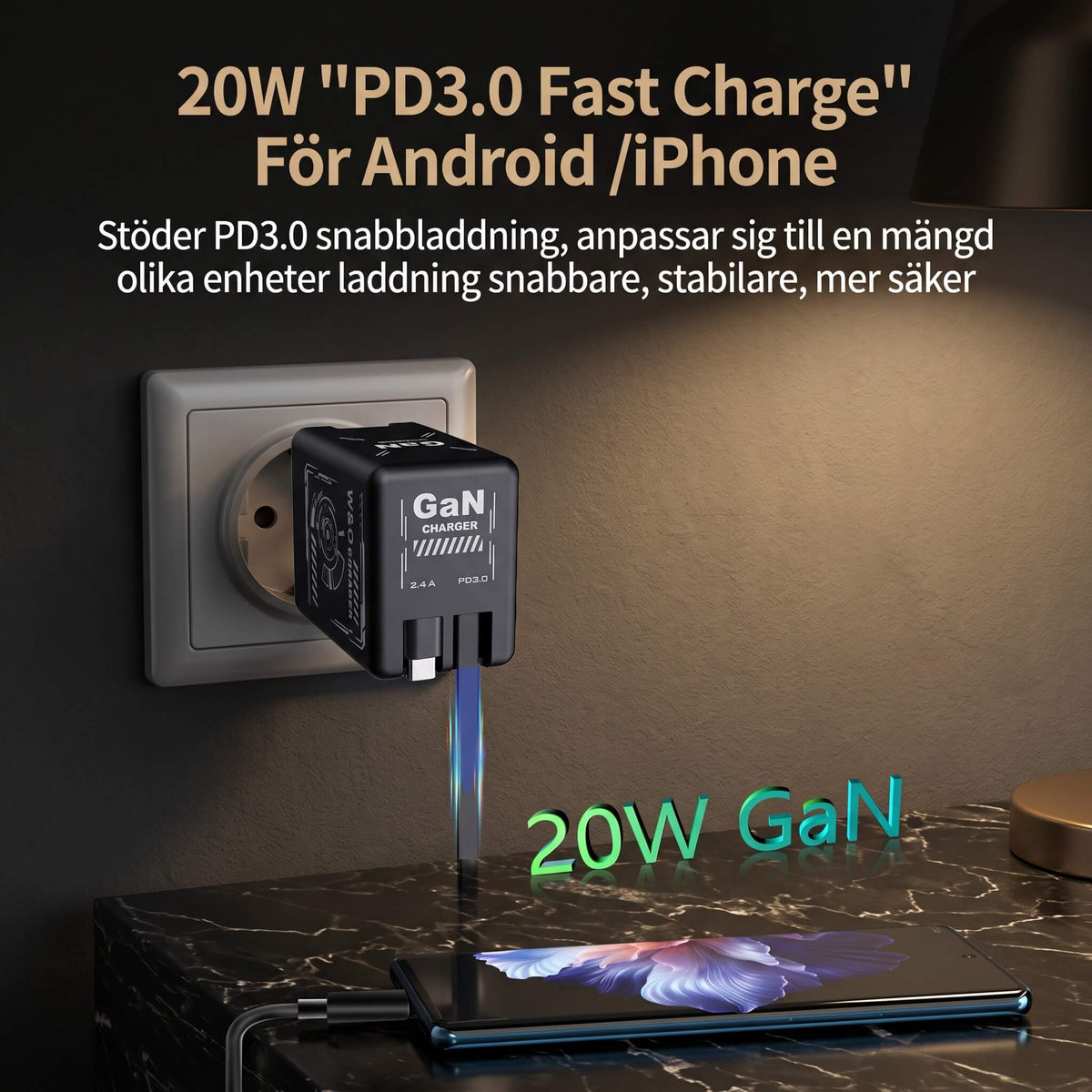 ChargeNest - Kompakt GaN Snabbladdare med Inbyggda Utdragbara Kablar för USB-C & Lightning