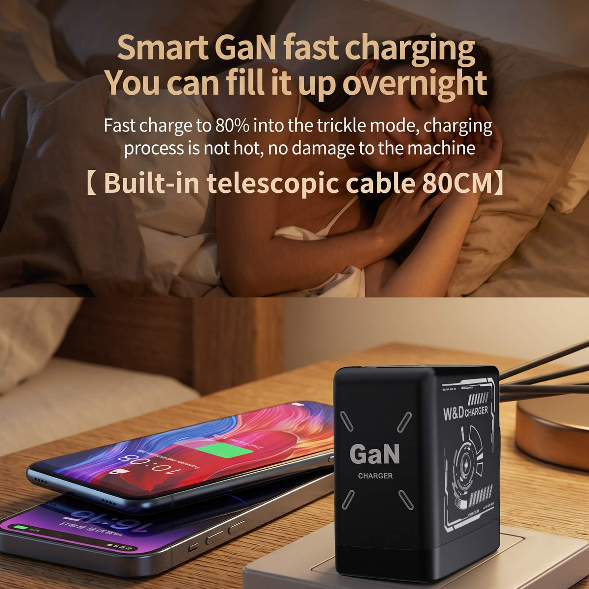 ChargeNest - Kompakt GaN Snabbladdare med Inbyggda Utdragbara Kablar för USB-C & Lightning