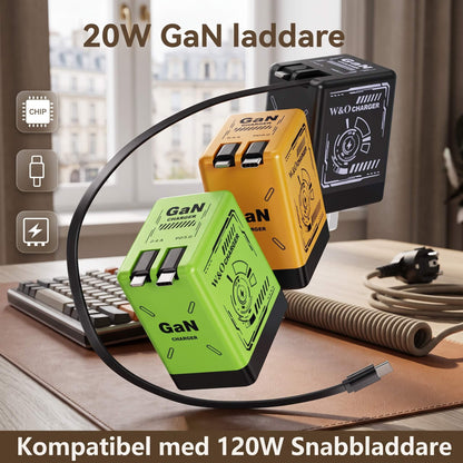 ChargeNest - Kompakt GaN Snabbladdare med Inbyggda Utdragbara Kablar för USB-C & Lightning
