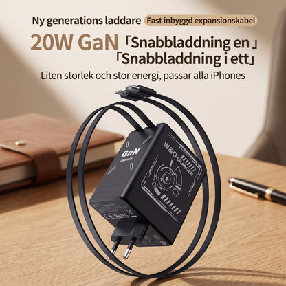 ChargeNest - Kompakt GaN Snabbladdare med Inbyggda Utdragbara Kablar för USB-C & Lightning